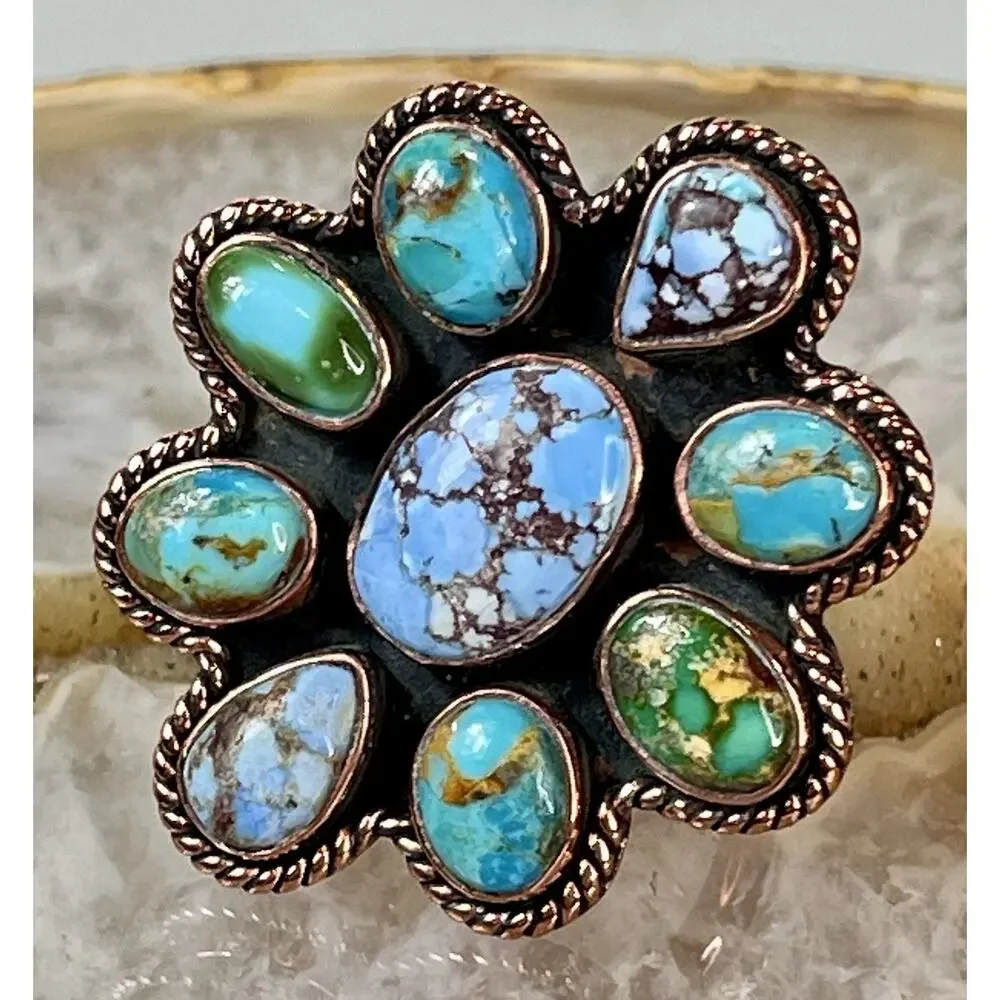 Golden Hills Mojave Sonoran Gold Turquoise Copper Cluster Statement Ring Adj Sz